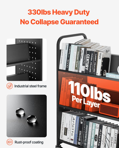 Rolling Library Book Cart, 150 kg Capacity, 97 x 51.5 x 122.5 cm Library Cart, Double Sided W-Shaped Shelves with 76.2 mm Lockable Wheels, Book Truck for Home Shelves Office and School, Black