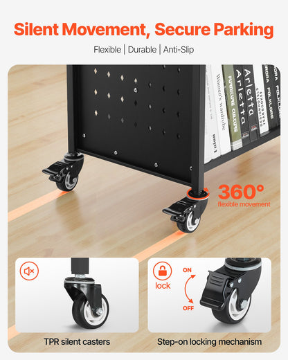 Rolling Library Book Cart, 150 kg Capacity, 97 x 51.5 x 122.5 cm Library Cart, Double Sided W-Shaped Shelves with 76.2 mm Lockable Wheels, Book Truck for Home Shelves Office and School, Black