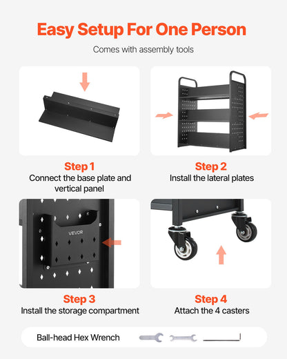 Rolling Library Book Cart, 150 kg Capacity, 97 x 51.5 x 122.5 cm Library Cart, Double Sided W-Shaped Shelves with 76.2 mm Lockable Wheels, Book Truck for Home Shelves Office and School, Black