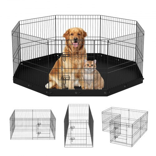 Dog Playpen, 8 Panels Foldable Metal Dog Exercise Pen with Bottom Pad, 61 cm H Pet Fence Puppy Crate Kennel with Ground Stakes, Indoor Outdoor Dog Pen for Small Medium Pets, for Camping, Yard