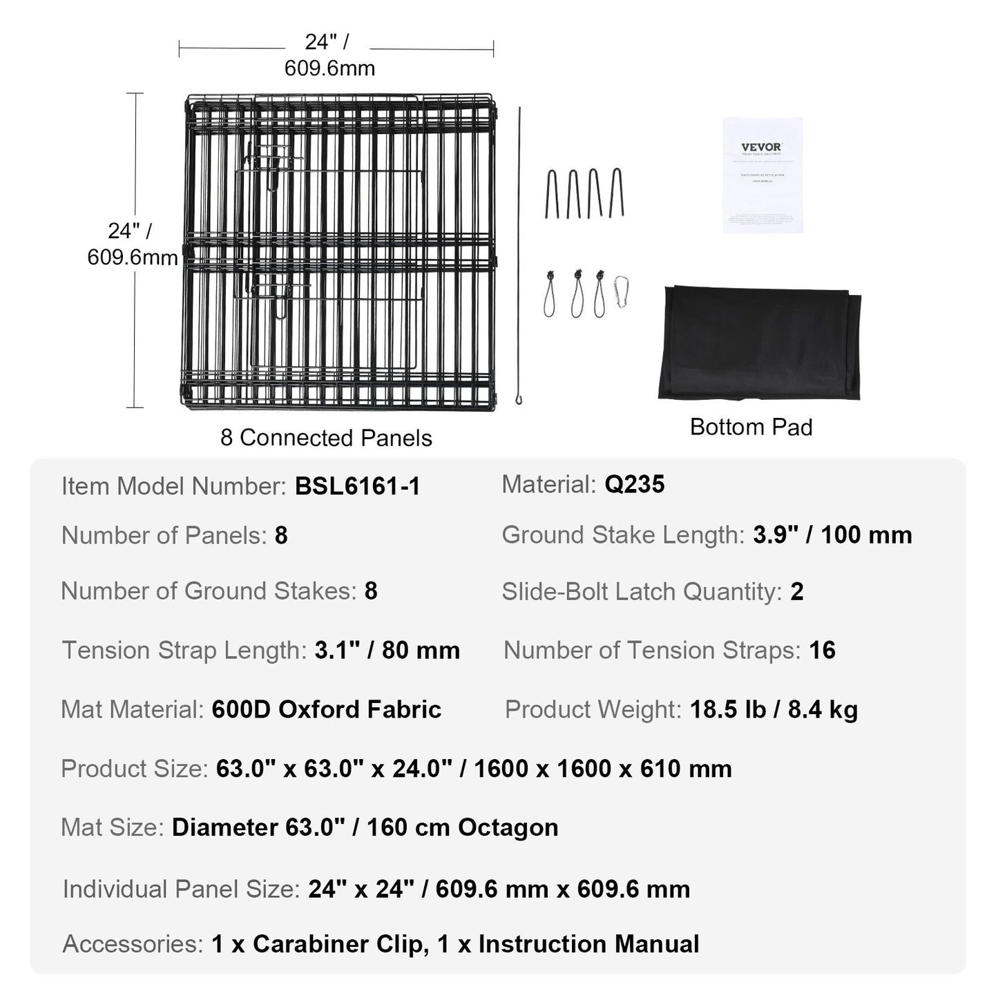 Dog Playpen, 8 Panels Foldable Metal Dog Exercise Pen with Bottom Pad, 61 cm H Pet Fence Puppy Crate Kennel with Ground Stakes, Indoor Outdoor Dog Pen for Small Medium Pets, for Camping, Yard