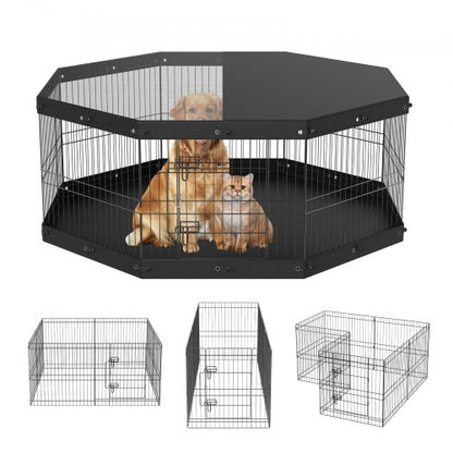 Dog Playpen, 8 Panels Foldable Metal Dog Exercise Pen with Top Cover and Bottom Pad, 61 cm H Pet Fence Puppy Crate Kennel, Indoor Outdoor Dog Pen for Small Medium Pets, for Camping, Yard