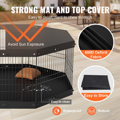 Dog Playpen, 8 Panels Foldable Metal Dog Exercise Pen with Top Cover and Bottom Pad, 61 cm H Pet Fence Puppy Crate Kennel, Indoor Outdoor Dog Pen for Small Medium Pets, for Camping, Yard