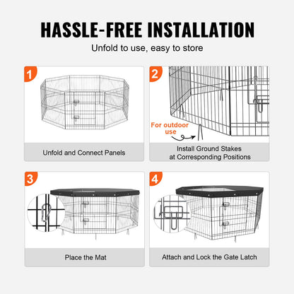 Dog Playpen, 8 Panels Foldable Metal Dog Exercise Pen with Top Cover, 24" H Pet Fence Puppy Crate Kennel with Ground Stakes, Indoor Outdoor Dog Pen for Small Medium Pets, for Camping, Yard