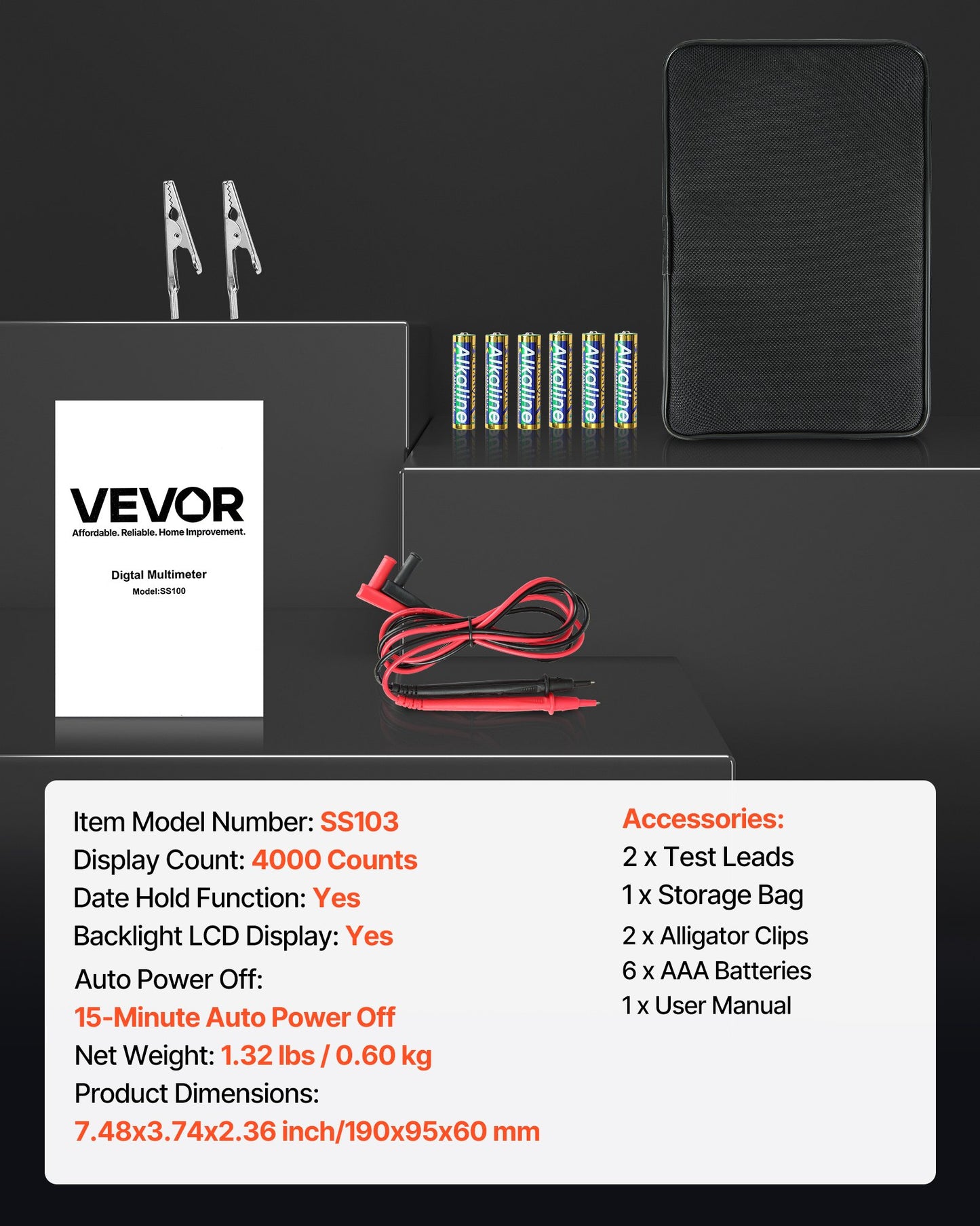 Digital Multimeter, 4000-Count TRMS Voltmeter Ohmmeter, 1000V AC/DC Voltage Tester with Switchable Auto/Manual Range for Voltage, Resistance, and Continuity Measurment