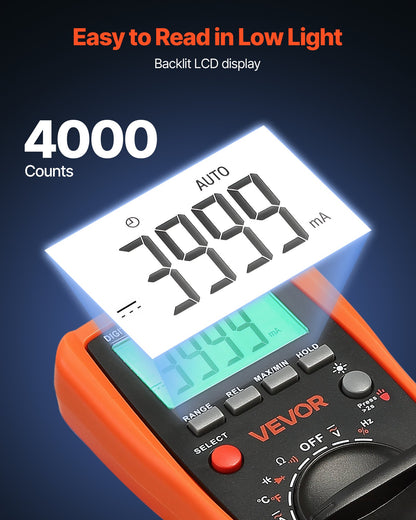 Digital Multimeter, 4000-Count TRMS DC/AC Voltmeter Current Tester, Auto-Ranging Multimeter for Current Voltage Resistance Capacitance Temperature Diodes Continuity Duty-Cycle Measurments