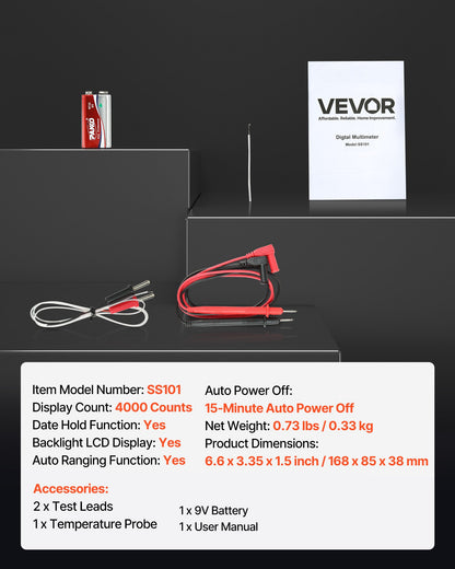 Digital Multimeter, 4000-Count TRMS DC/AC Voltmeter Current Tester, Auto-Ranging Multimeter for Current Voltage Resistance Capacitance Temperature Diodes Continuity Duty-Cycle Measurments
