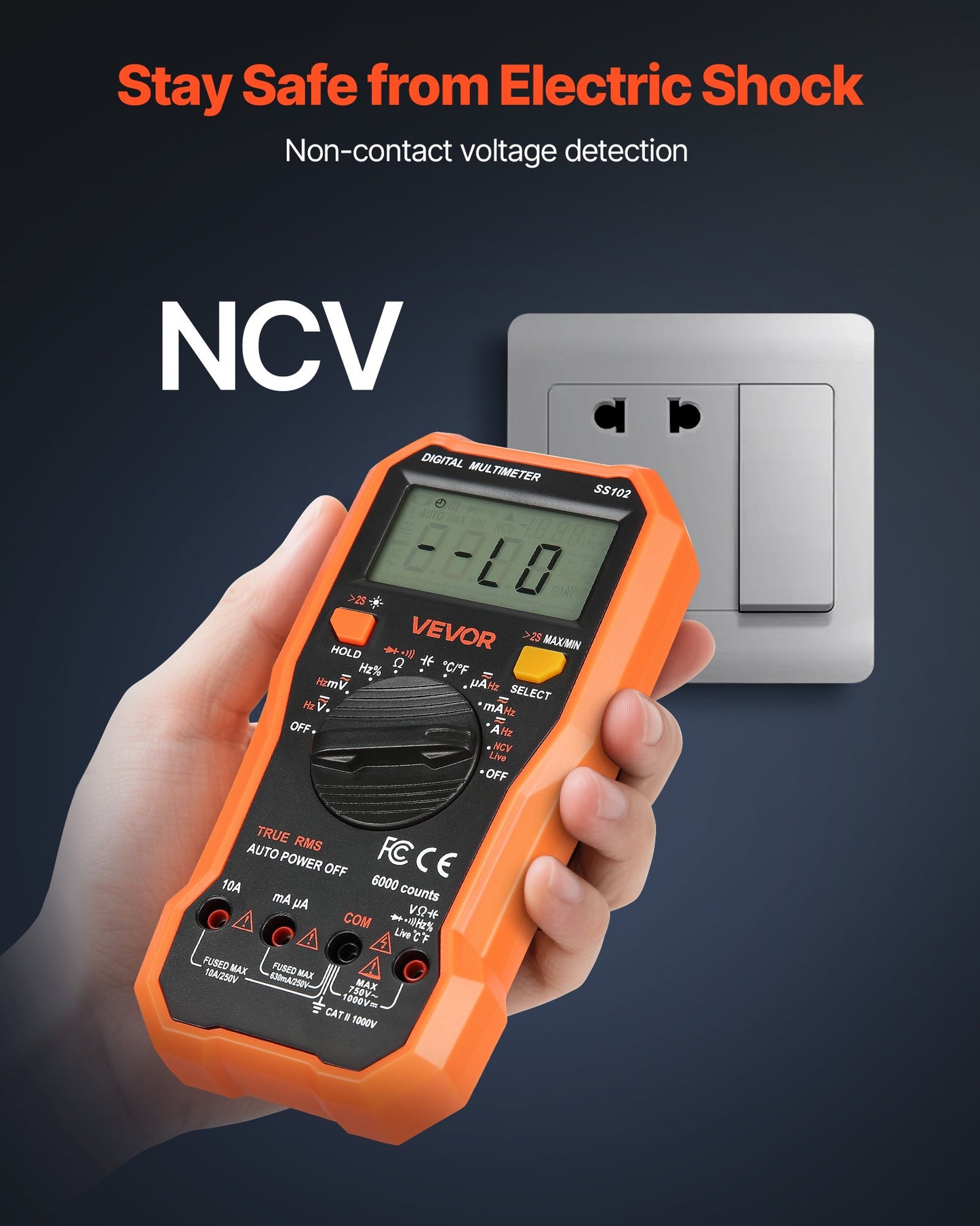 Digital multimeter, 6000-enheters TRMS DC/AC voltmeter strömtestare, professionell NCV-multimeter för ström, spänning, resistans, kapacitans, arbetscykel, temperatur, dioder, kontinuitet, fasförande ledningstest