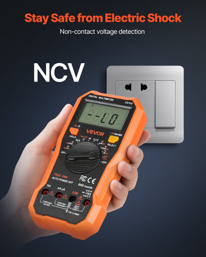 Digital multimeter, 6000-enheters TRMS DC/AC voltmeter strömtestare, professionell NCV-multimeter för ström, spänning, resistans, kapacitans, arbetscykel, temperatur, dioder, kontinuitet, fasförande ledningstest