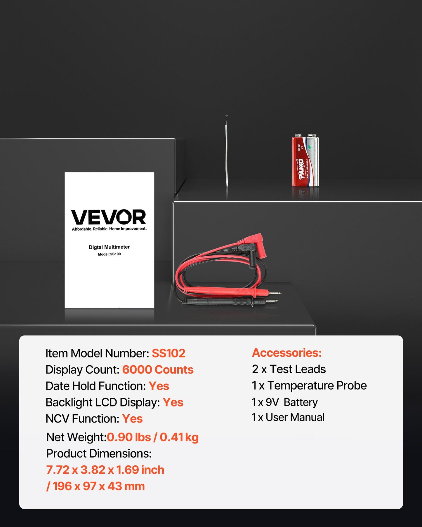 Digital multimeter, 6000-enheters TRMS DC/AC voltmeter strömtestare, professionell NCV-multimeter för ström, spänning, resistans, kapacitans, arbetscykel, temperatur, dioder, kontinuitet, fasförande ledningstest