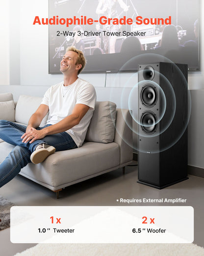 Passive Floorstanding Speakers, 2-Way, Floor-Standing Tower Speakers with 25.4 mm Tweeter, Dual 165.1 mm Woofers, 400W Peak, 65Hz–20kHz Frequency Response, Durable MDF Enclosure, for Home Audio, Pair