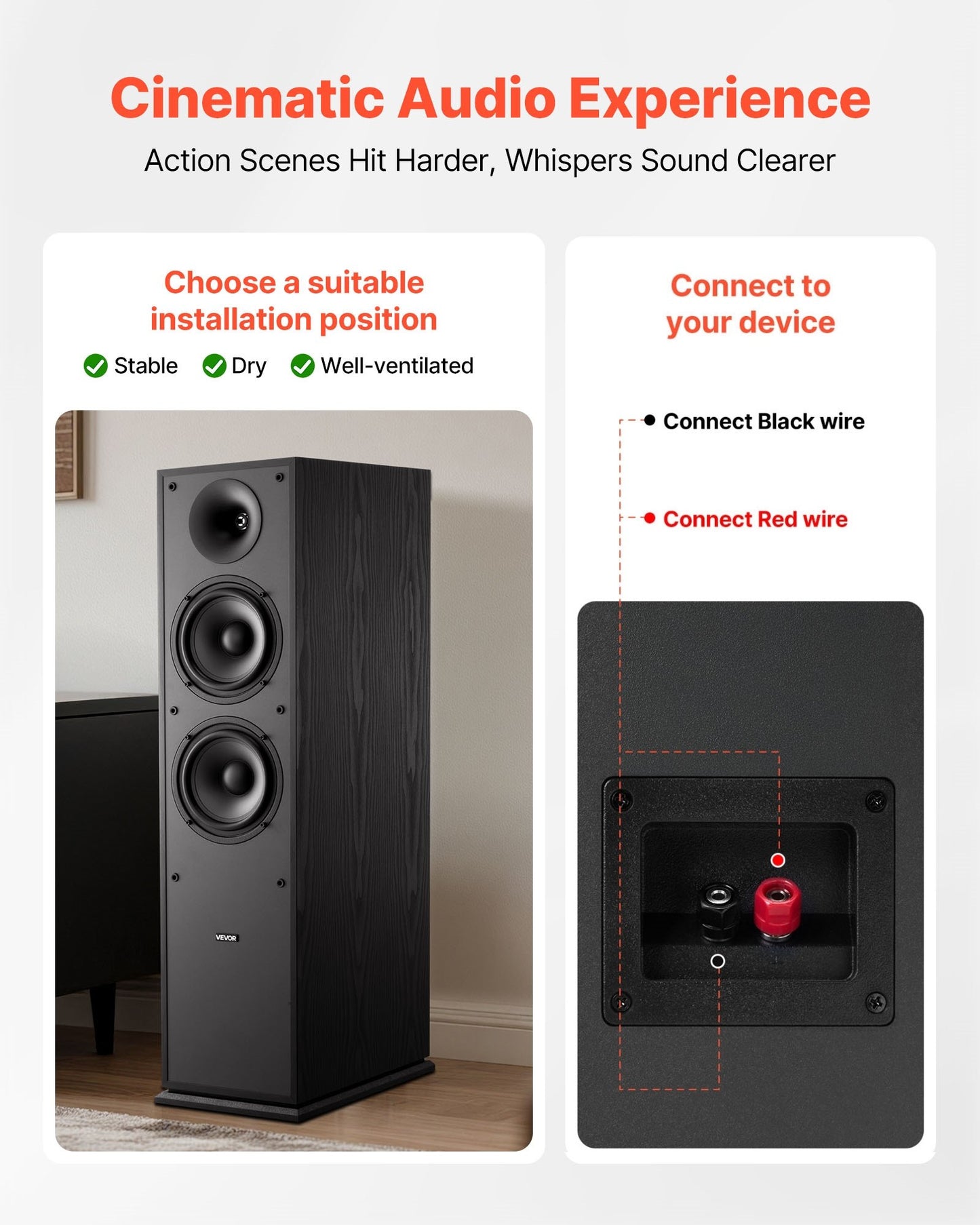 Passive Floorstanding Speakers, 2-Way, Floor-Standing Tower Speakers with 25.4 mm Tweeter, Dual 165.1 mm Woofers, 400W Peak, 65Hz–20kHz Frequency Response, Durable MDF Enclosure, for Home Audio, Pair