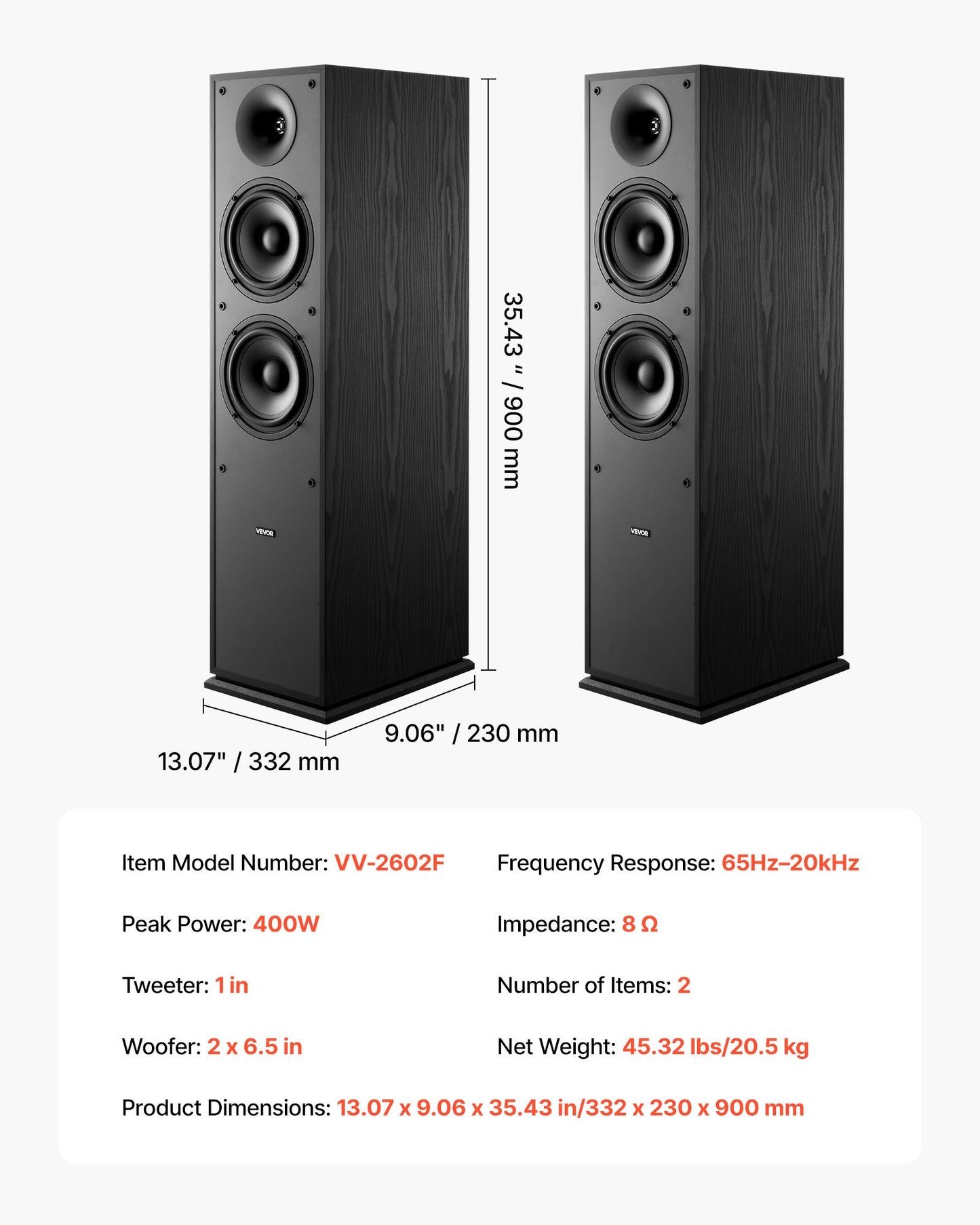 Passive Floorstanding Speakers, 2-Way, Floor-Standing Tower Speakers with 25.4 mm Tweeter, Dual 165.1 mm Woofers, 400W Peak, 65Hz–20kHz Frequency Response, Durable MDF Enclosure, for Home Audio, Pair