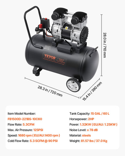 Air Compressor, 15 Gallon Steel Tank, 2HP 5.3 CFM@90 PSI Oil Free Air Compressor & Max. 125PSI Pressure, 78dB Ultra Quiet Portable Compressor, for Auto Repair, Tire Inflation, Spray Painting