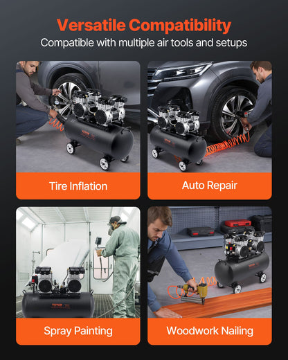 Luftkompressor, 70-liters ståltank, 4 hk 10,6 CFM vid 90 PSI oljefri luftkompressor och max. 125 PSI tryck, 78 dB ultratyst bärbar kompressor, för bilreparationer, däckpåfyllning, sprutmålning