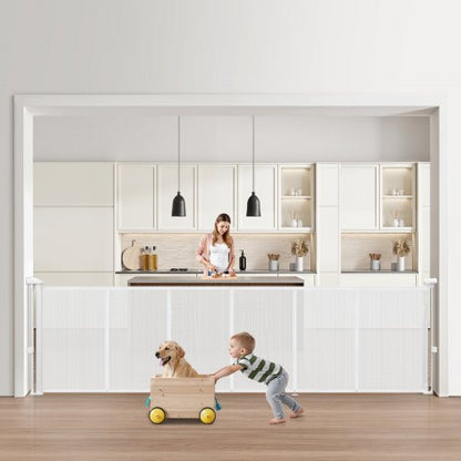 Infällbar barngrind, 870 mm hög, kan förlängas upp till 2800 mm bred, infällbar grind för barn eller husdjur, nätmaterial, enkel att installera för inomhustrappor, dörröppningar, hallar, lekrum, vit