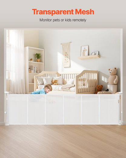 Infällbar barngrind, 870 mm hög, kan förlängas upp till 2800 mm bred, infällbar grind för barn eller husdjur, nätmaterial, enkel att installera för inomhustrappor, dörröppningar, hallar, lekrum, vit