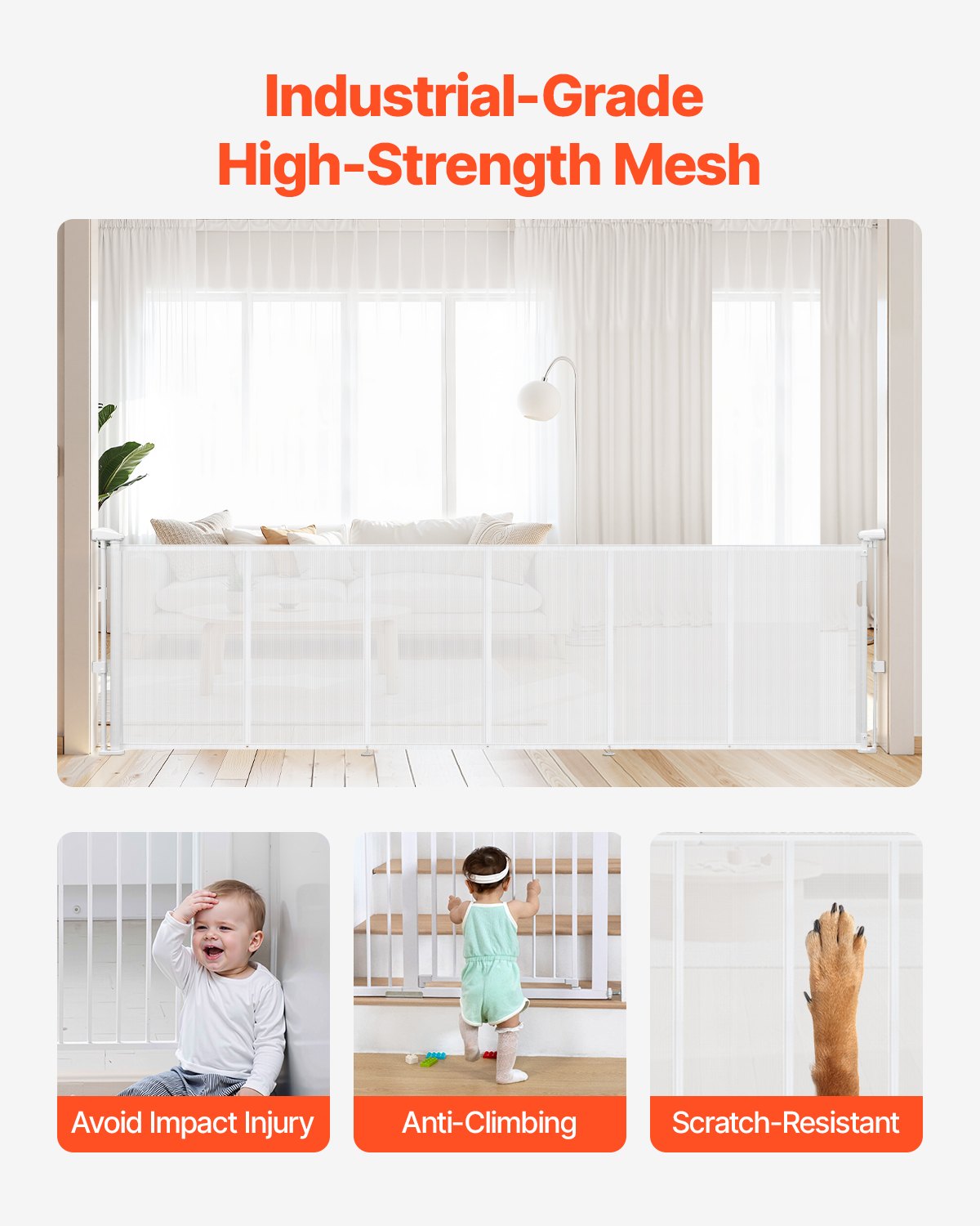 Infällbar barngrind, 870 mm hög, kan förlängas upp till 2800 mm bred, infällbar grind för barn eller husdjur, nätmaterial, enkel att installera för inomhustrappor, dörröppningar, hallar, lekrum, vit