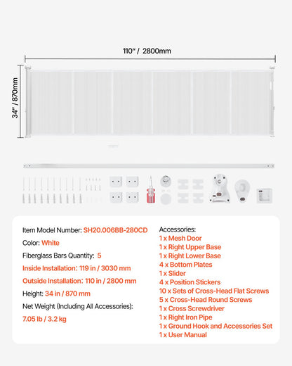Infällbar barngrind, 870 mm hög, kan förlängas upp till 2800 mm bred, infällbar grind för barn eller husdjur, nätmaterial, enkel att installera för inomhustrappor, dörröppningar, hallar, lekrum, vit