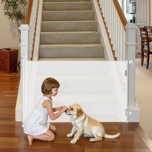 Retractable Baby Gate, Extends to 1430 mm Wide, 795 mm Tall, with Security Lock, Easy to Use, Walk Through Without Tripping, Mesh Dog Gate for Stairs, Hallways, Indoor/Outdoor, White
