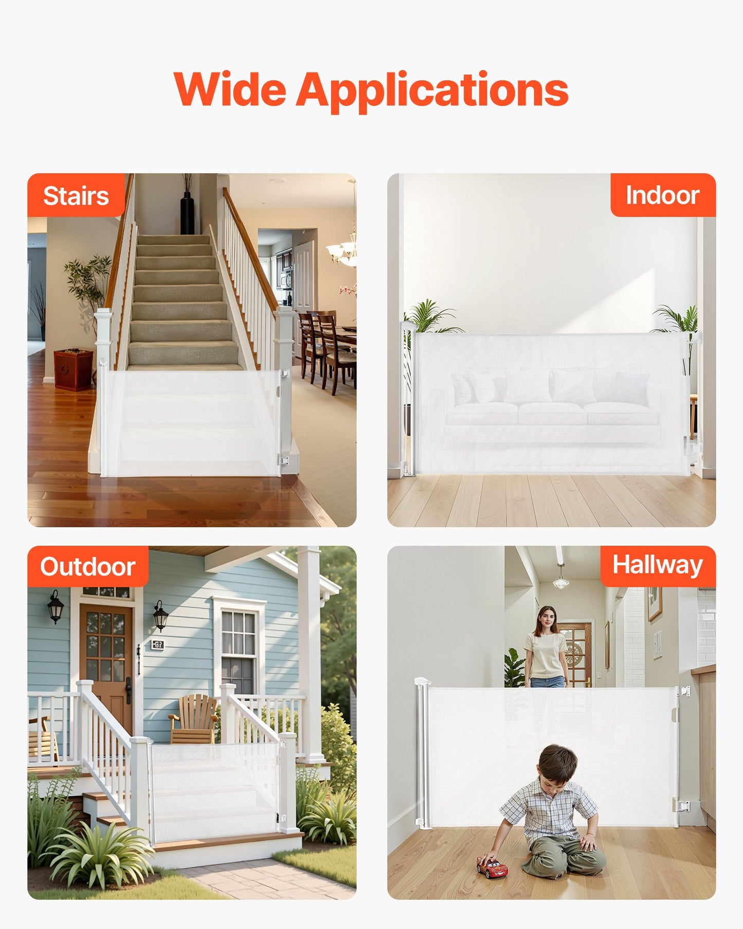 Infällbar babygrind, förlängs till 1850 mm bred, 795 mm hög, med säkerhetslås, enkel att använda, går igenom utan att snubbla, nätgrind för hundar i trappor, hallar, inomhus/utomhus, vit