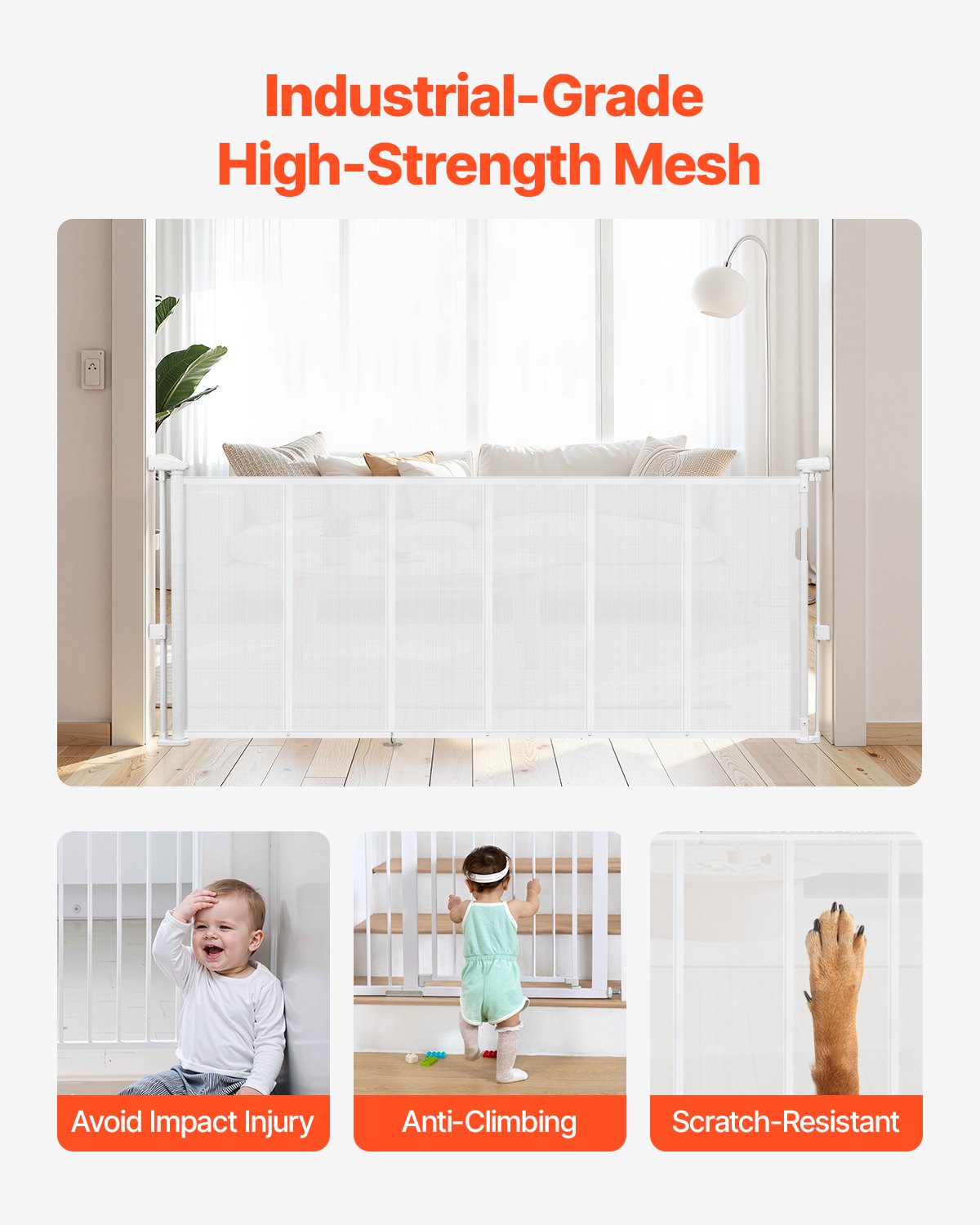Retractable Baby Gate, 870 mm Tall, Extends up to 1800 mm Wide, Retractable Gate for Kids or Pets, Mesh Material, Easy to Install for Indoor Stairs, Doorways, Hallways, Playrooms, White