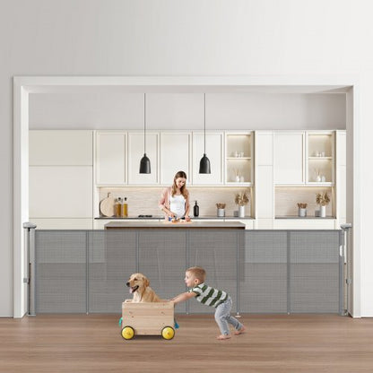 Infällbar barngrind, 870 mm hög, kan förlängas upp till 2800 mm bred, infällbar grind för barn eller husdjur, nätmaterial, enkel att installera för inomhustrappor, dörröppningar, hallar, lekrum, grå