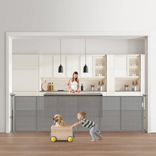 Retractable Baby Gate, 870 mm Tall, Extends up to 2800 mm Wide, Retractable Gate for Kids or Pets, Mesh Material, Easy to Install for Indoor Stairs, Doorways, Hallways, Playrooms, Gray