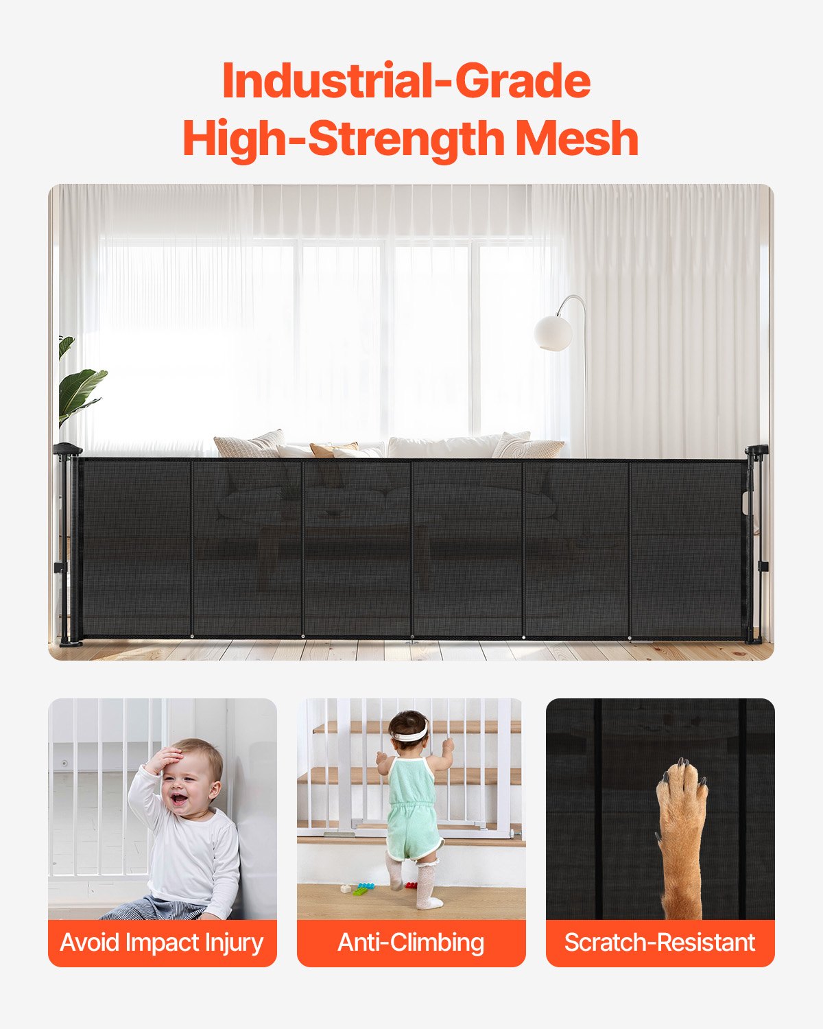Infällbar barngrind, 870 mm hög, kan förlängas upp till 2800 mm bred, infällbar grind för barn eller husdjur, nätmaterial, enkel att installera för inomhustrappor, dörröppningar, hallar, lekrum, svart