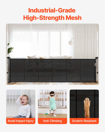 Infällbar barngrind, 870 mm hög, kan förlängas upp till 2800 mm bred, infällbar grind för barn eller husdjur, nätmaterial, enkel att installera för inomhustrappor, dörröppningar, hallar, lekrum, svart