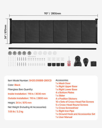 Infällbar barngrind, 870 mm hög, kan förlängas upp till 2800 mm bred, infällbar grind för barn eller husdjur, nätmaterial, enkel att installera för inomhustrappor, dörröppningar, hallar, lekrum, svart