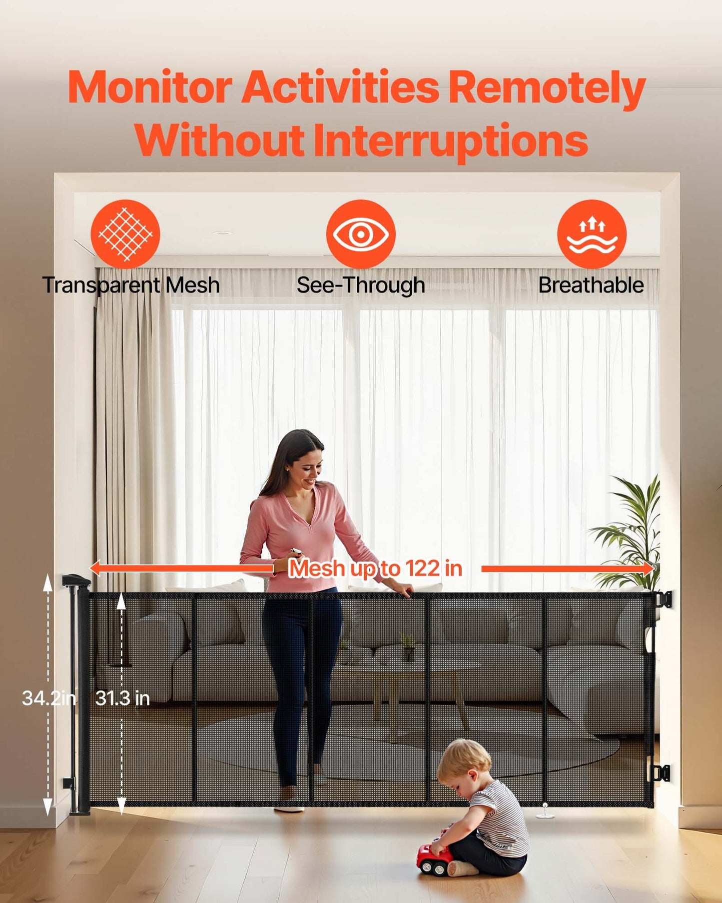 Infällbar hundgrind, förlängs till 3100 mm extra bred, 795 mm hög, med förstärkta glasfiberremsor, förhindrar att man kryper igenom, nätgrind för hundar, altaner, dörröppningar, garage, inomhus, svart