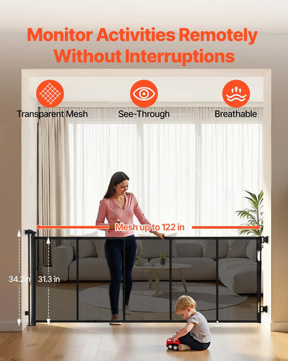 Infällbar hundgrind, förlängs till 3100 mm extra bred, 795 mm hög, med förstärkta glasfiberremsor, förhindrar att man kryper igenom, nätgrind för hundar, altaner, dörröppningar, garage, inomhus, svart