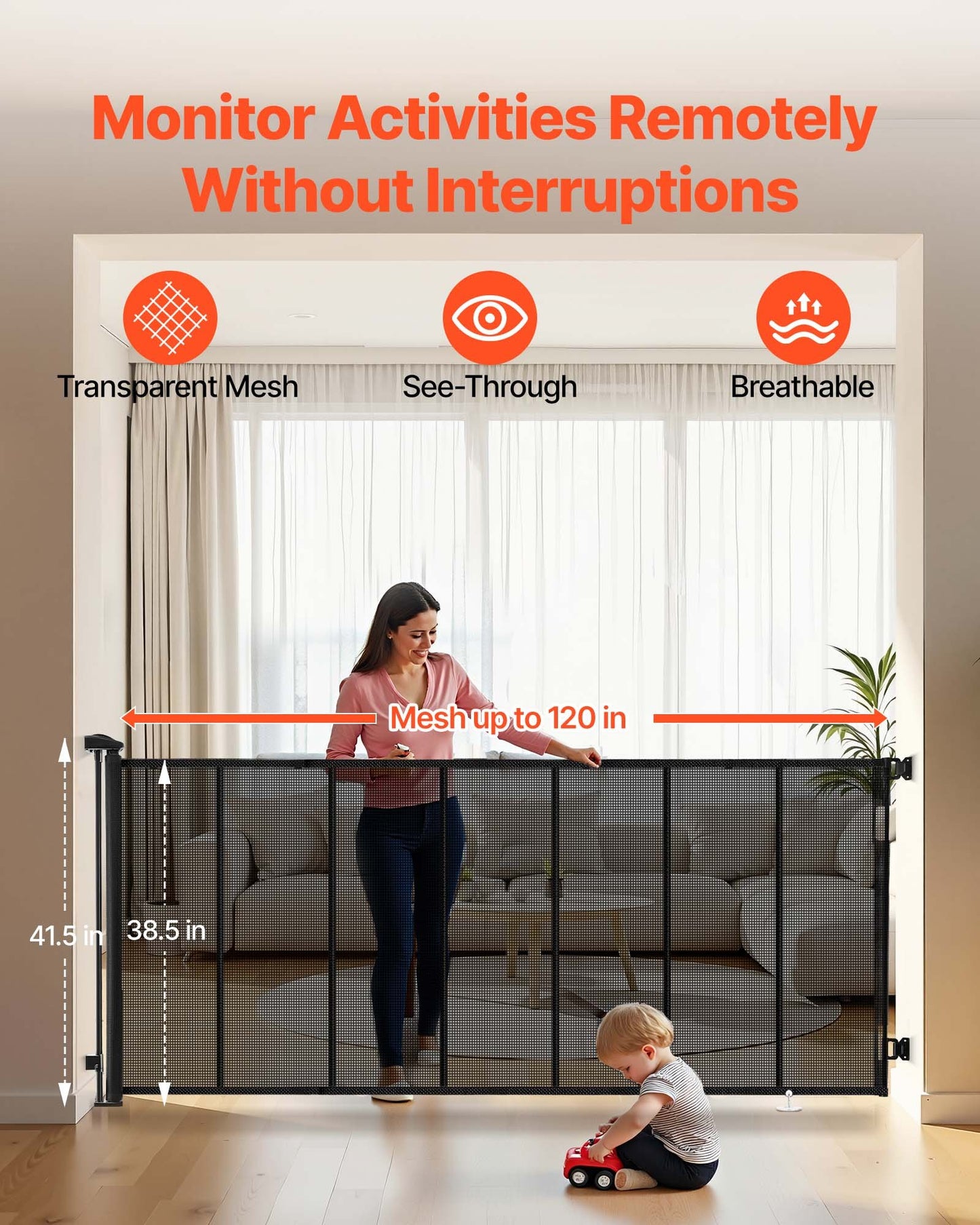 Retractable Baby Gate, Extends to 3050 mm Extra Wide, 980 mm Tall, with Reinforced Fiberglass Strips, Avoids Crawling Through, Mesh Dog Gate for Decks, Doorways, Garages, Indoor, Black