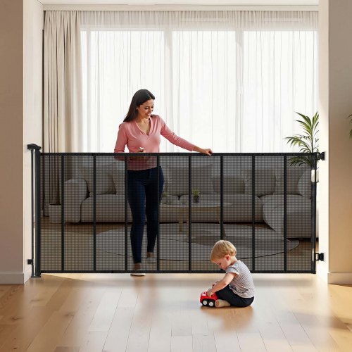 Infällbar hundgrind, förlängs till 5150 mm extra bred, 990 mm hög, med förstärkta glasfiberremsor, förhindrar att man kryper igenom, nätgrind för hundar, altaner, dörröppningar, garage, inomhus, svart