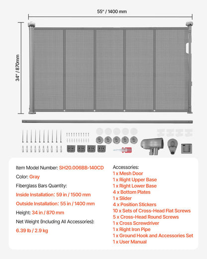Infällbar barngrind, 870 mm hög, kan förlängas upp till 1400 mm bred, infällbar grind för barn eller husdjur, nätmaterial, enkel att installera för inomhustrappor, dörröppningar, hallar, lekrum, grå