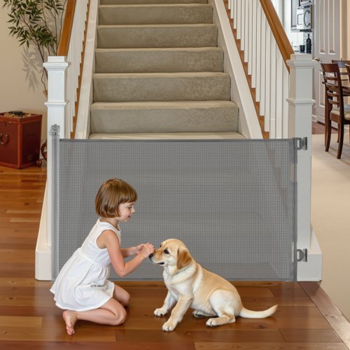 Retractable Baby Gate, Extends to 1450 mm Wide, 980 mm Tall, with Security Lock, Easy to Use, Walk Through Without Tripping, Mesh Dog Gate for Stairs, Hallways, Indoor/Outdoor, Gray