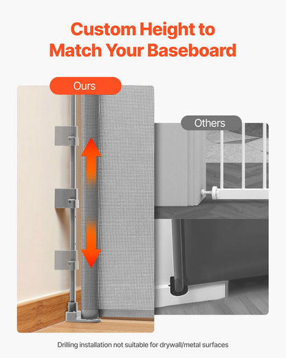 Infällbar babygrind, förlängs till 1450 mm bred, 980 mm hög, med säkerhetslås, enkel att använda, går igenom utan att snubbla, nätgrind för hundar i trappor, hallar, inomhus/utomhus, grå