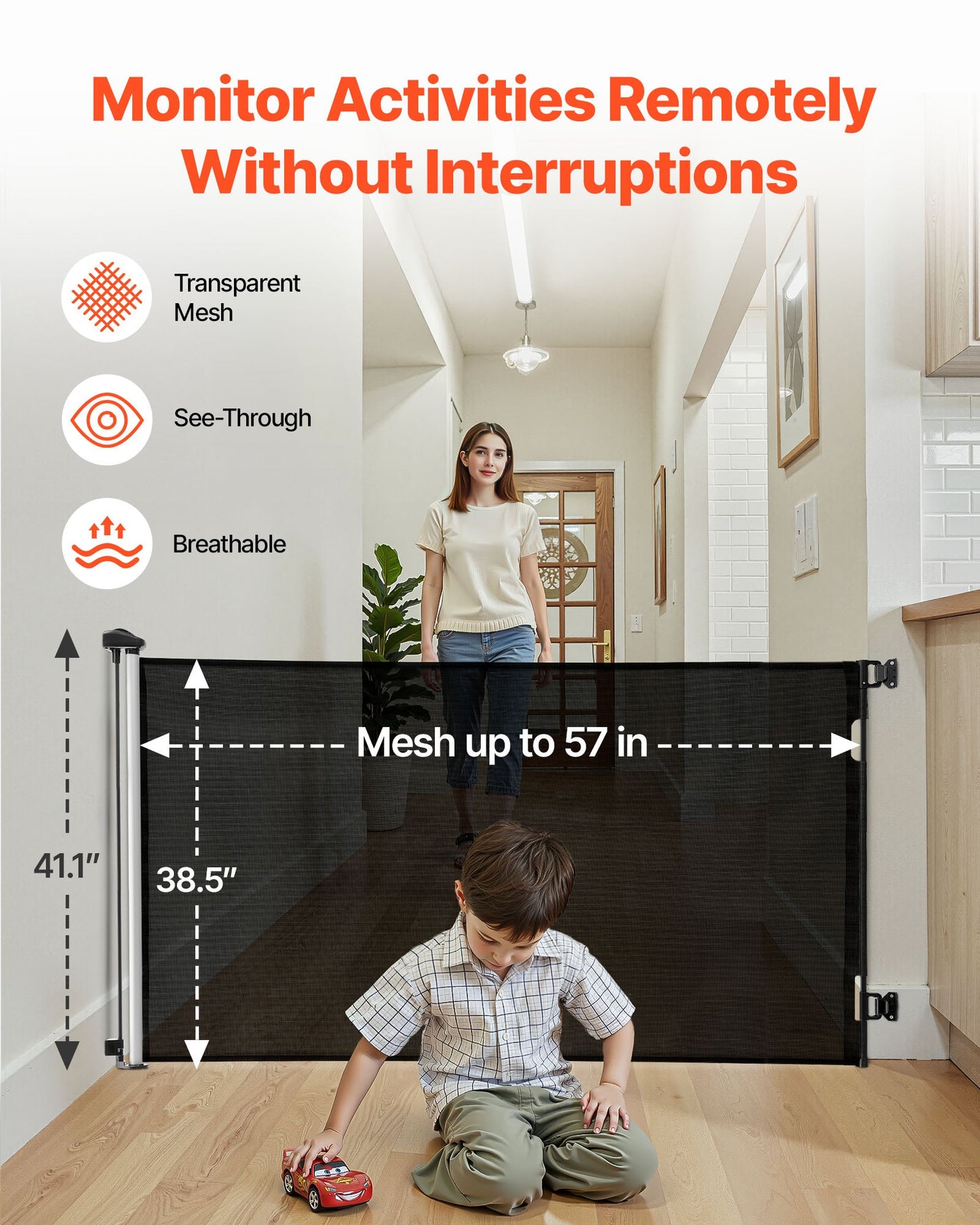 Infällbar babygrind, förlängs till 1450 mm bred, 980 mm hög, med säkerhetslås, enkel att använda, går igenom utan att snubbla, nätgrind för hundar i trappor, hallar, inomhus/utomhus, svart