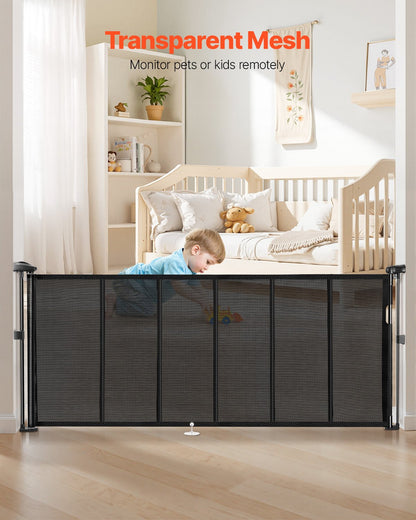 Retractable Baby Gate, 870 mm Tall, Extends up to 1800 mm Wide, Retractable Gate for Kids or Pets, Mesh Material, Easy to Install for Indoor Stairs, Doorways, Hallways, Playrooms, Black