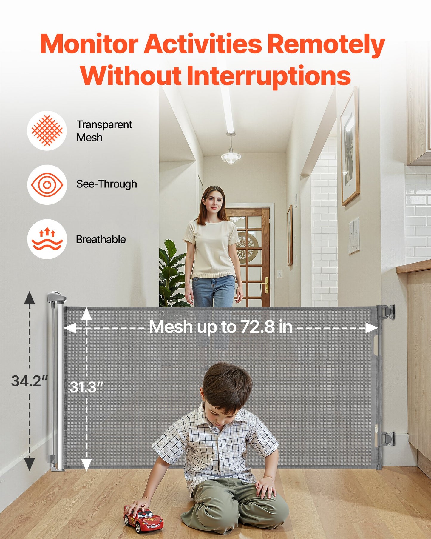 Infällbar babygrind, förlängs till 1850 mm bred, 795 mm hög, med säkerhetslås, enkel att använda, går igenom utan att snubbla, nätgrind för hundar i trappor, hallar, inomhus/utomhus, grå