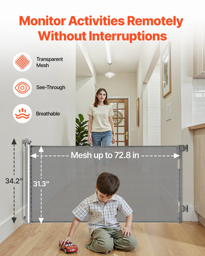 Infällbar babygrind, förlängs till 1850 mm bred, 795 mm hög, med säkerhetslås, enkel att använda, går igenom utan att snubbla, nätgrind för hundar i trappor, hallar, inomhus/utomhus, grå