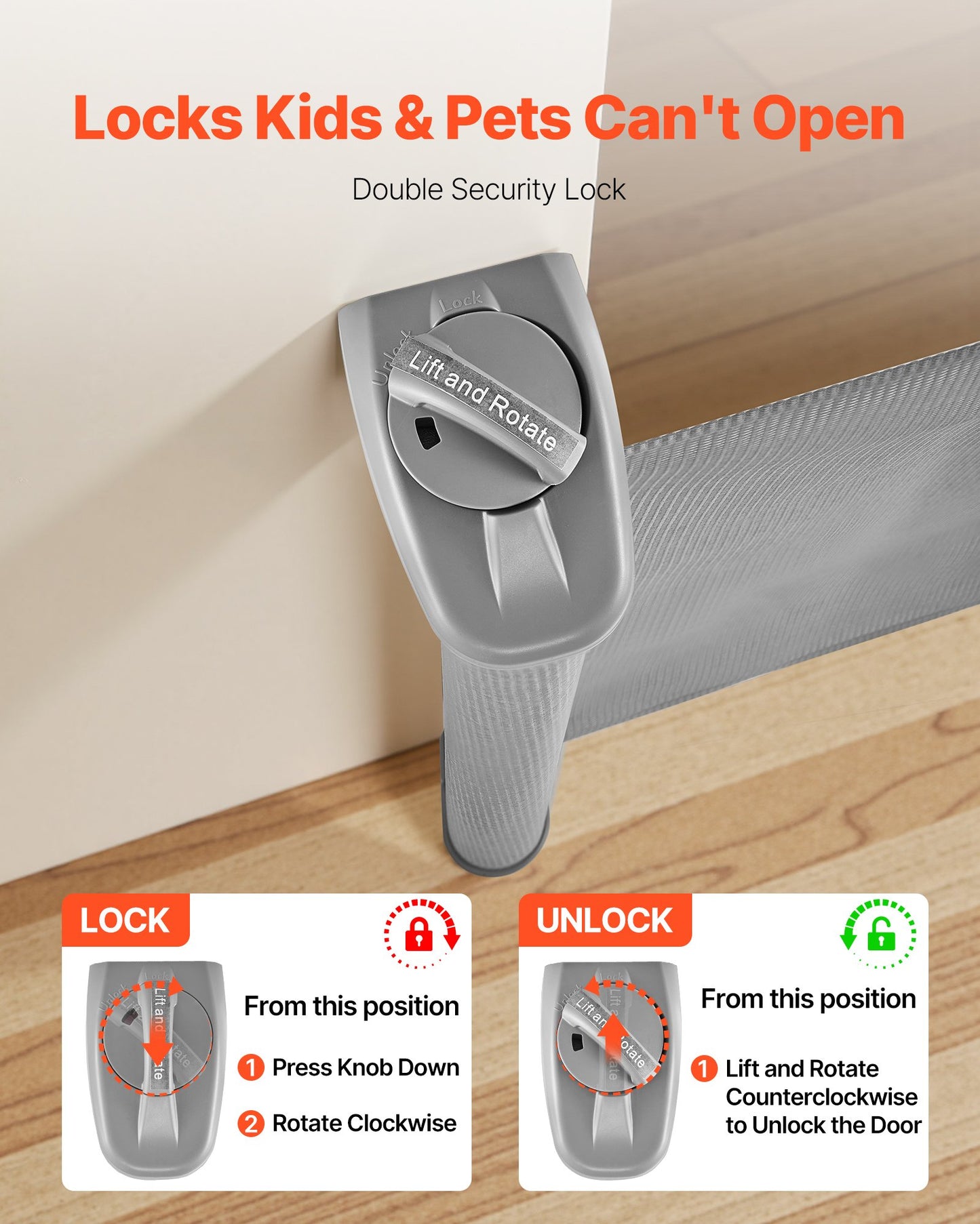 Infällbar babygrind, förlängs till 1850 mm bred, 795 mm hög, med säkerhetslås, enkel att använda, går igenom utan att snubbla, nätgrind för hundar i trappor, hallar, inomhus/utomhus, grå