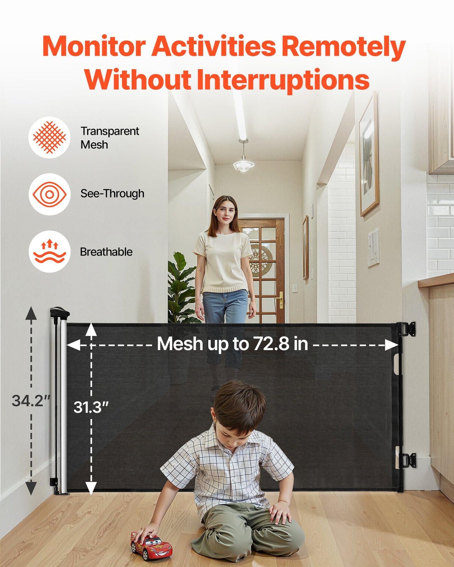 Infällbar babygrind, förlängs till 1850 mm bred, 795 mm hög, med säkerhetslås, enkel att använda, går igenom utan att snubbla, nätgrind för hundar i trappor, hallar, inomhus/utomhus, svart