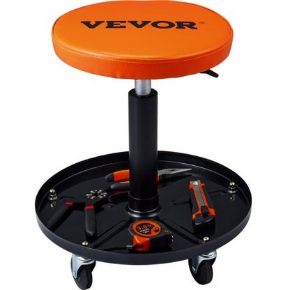 Mechanic Stool, 113 kg Rolling Pneumatic Creeper Garage/Shop Seat, Adjustable Height 56 cm-71 cm Padded Rolling Workshop Stool with Tool Tray, for Garage, Shop, Auto Repair, Black+Orange
