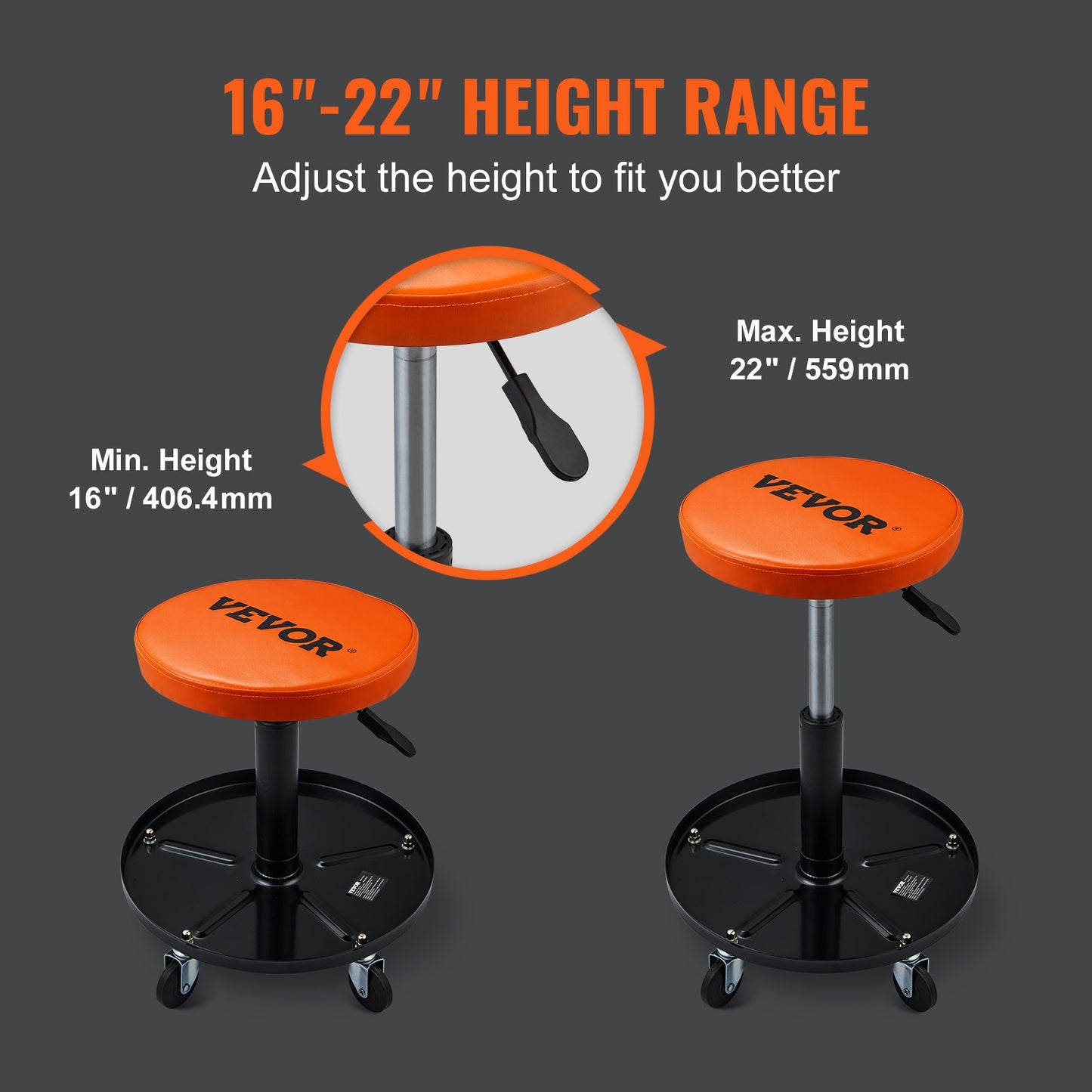 Mechanic Stool, 113 kg Rolling Pneumatic Creeper Garage/Shop Seat, Adjustable Height 56 cm-71 cm Padded Rolling Workshop Stool with Tool Tray, for Garage, Shop, Auto Repair, Black+Orange