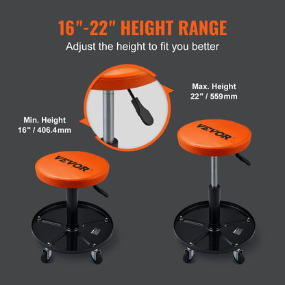 Mechanic Stool, 113 kg Rolling Pneumatic Creeper Garage/Shop Seat, Adjustable Height 56 cm-71 cm Padded Rolling Workshop Stool with Tool Tray, for Garage, Shop, Auto Repair, Black+Orange
