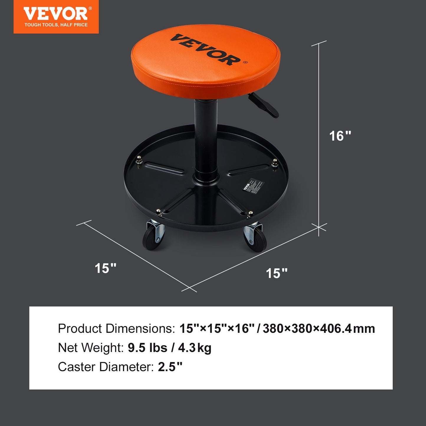 Mechanic Stool, 113 kg Rolling Pneumatic Creeper Garage/Shop Seat, Adjustable Height 56 cm-71 cm Padded Rolling Workshop Stool with Tool Tray, for Garage, Shop, Auto Repair, Black+Orange