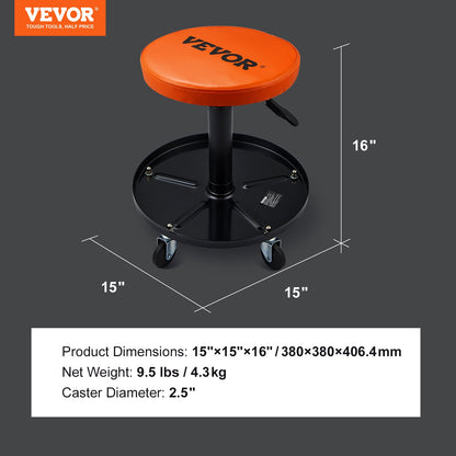 Mechanic Stool, 113 kg Rolling Pneumatic Creeper Garage/Shop Seat, Adjustable Height 56 cm-71 cm Padded Rolling Workshop Stool with Tool Tray, for Garage, Shop, Auto Repair, Black+Orange