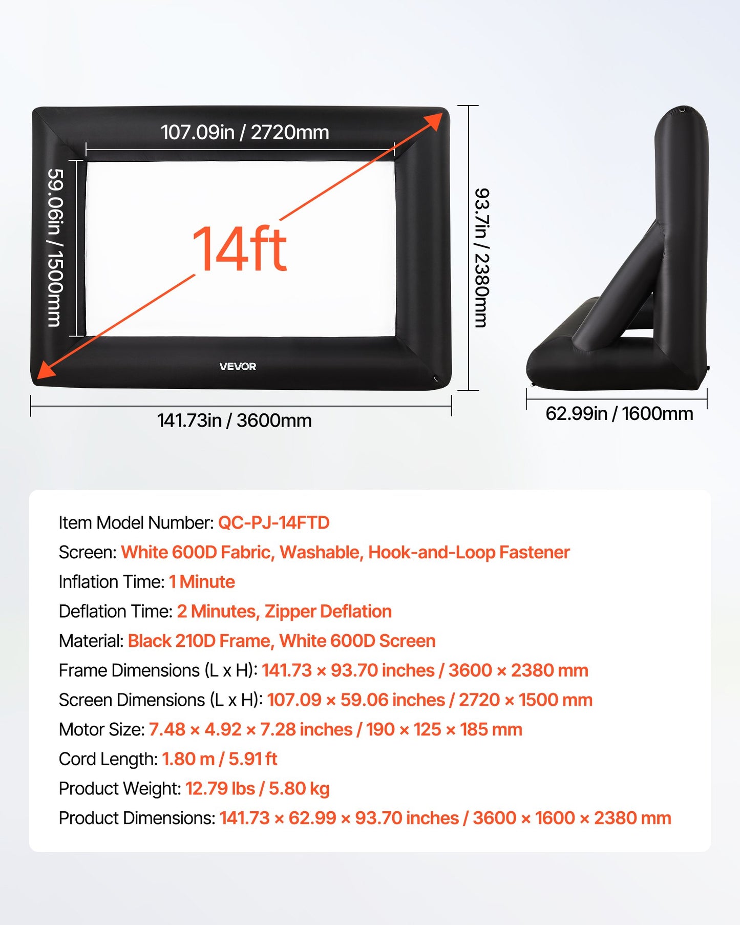 14 ft Inflatable Movie Screen, 600D Washable Inflatable Projection Screen with Portable Storage Bag, Easy Set Up 16:9 Movie Projector for Outdoor Backyard, Home Theater, Theme Party, Pool Fun